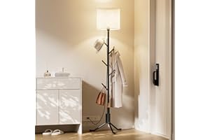INNOD Coat Rack with Light, Free Standing Coat Rack with 5 Hooks and 3 Adjustable Heights, Built-in Overhead Light for Clothe