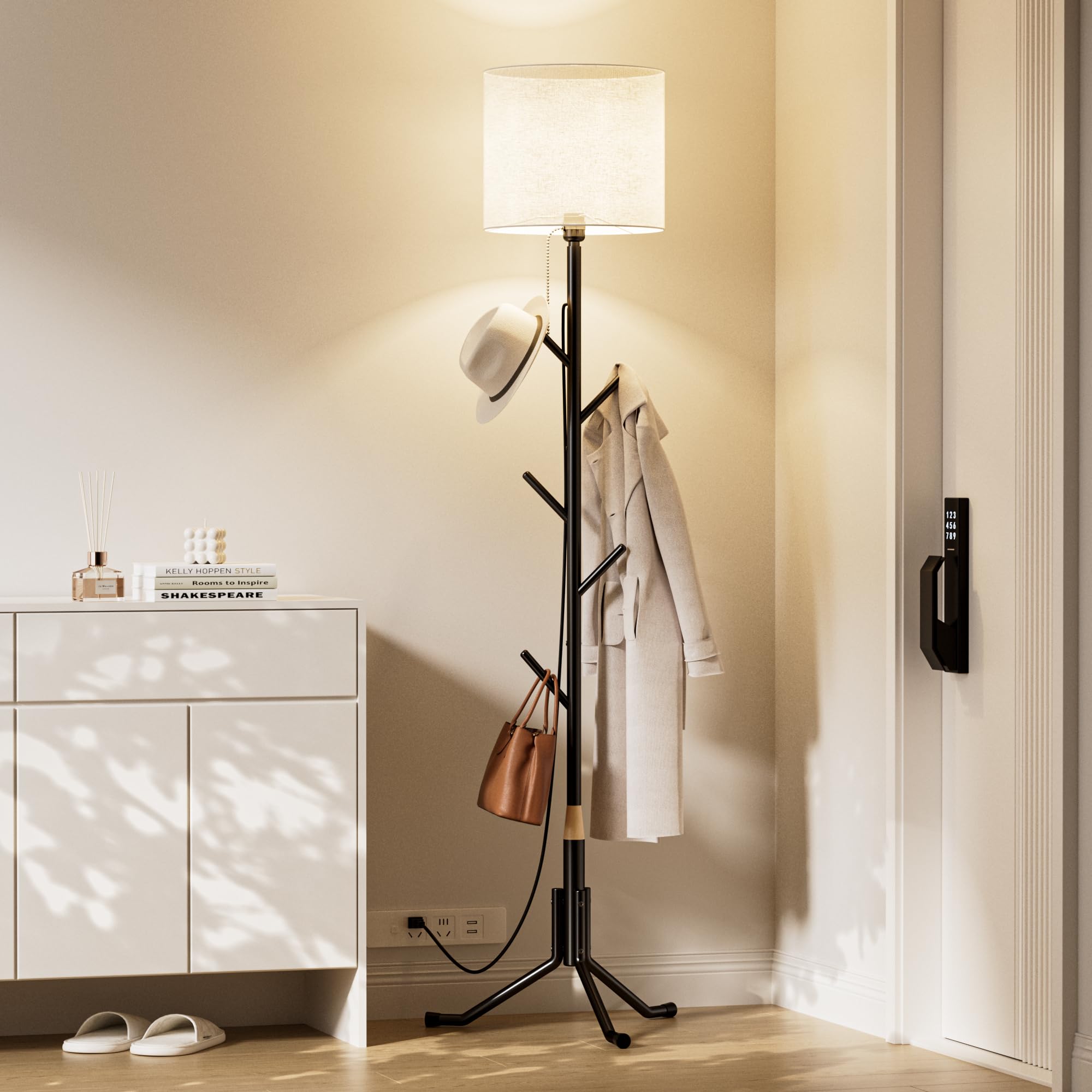 Photo 1 of **MISSED PARTS**
INNOD Coat Rack Freestanding Coat Tree with Floor Light, Metal Tall Entryway Coat Stand with 5 Hooks, Slim Modern Black Coat Hanger for Bedroom, Hallway, Office and Small Spaces