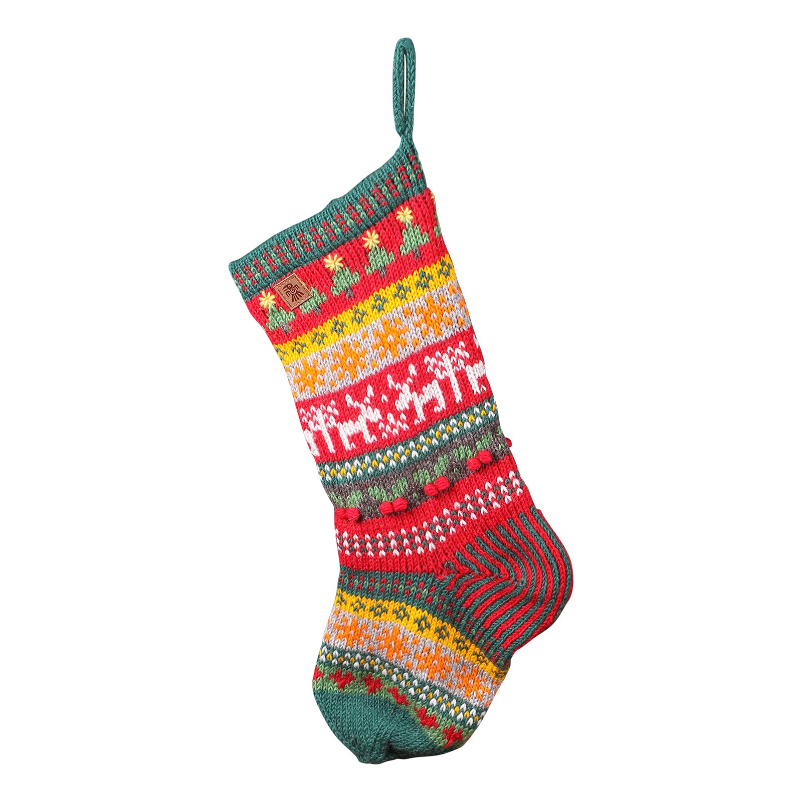 Pachamama Children Adult Wool Christmas Stocking Handknitted Reindeer Design Multicoloured 50x18 CM, Fair Trade