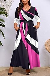 Runwind Plus Size wrap Dress Sexy 3/4 Sleeve V Neck