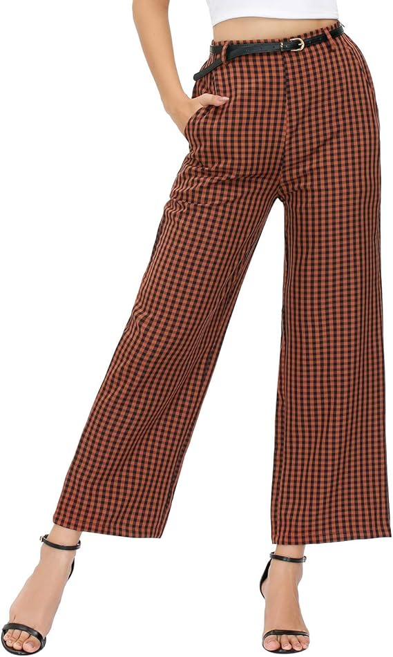 Women Plaid Casual Pants Elastic Waist Wide Leg Trouser Pants with Pockets (PlaidBrown, S