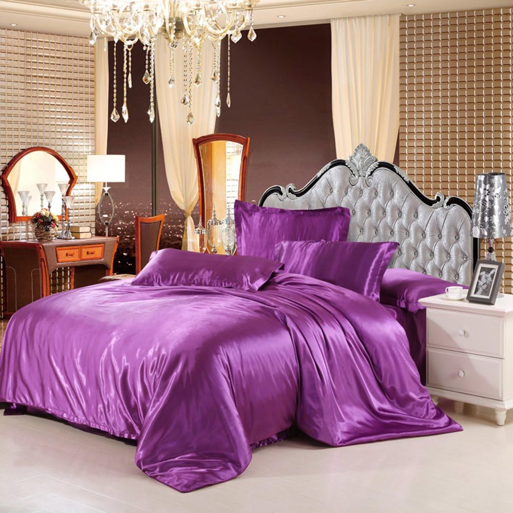 Khalees Hometextile Classic Plain Colour Silk Bedding Duvet Cover Sets(Full Size(4P), 01)