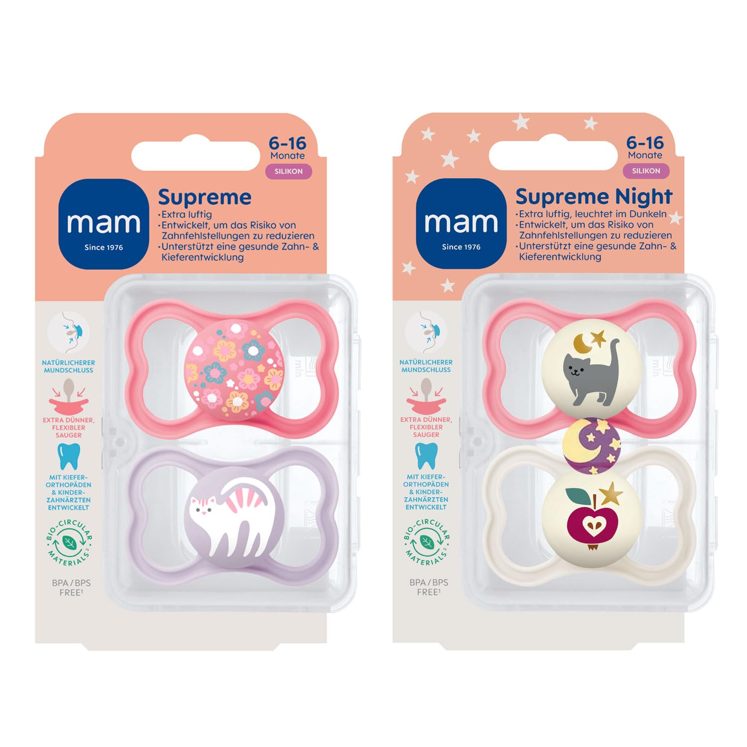 MAM Dental Dummy Supreme 6-16 Months, Pack of 4, Girls, Thin Teat - Orthodontic Soother, Skin-Friendly with Extra air Flow, incl. Travel case
