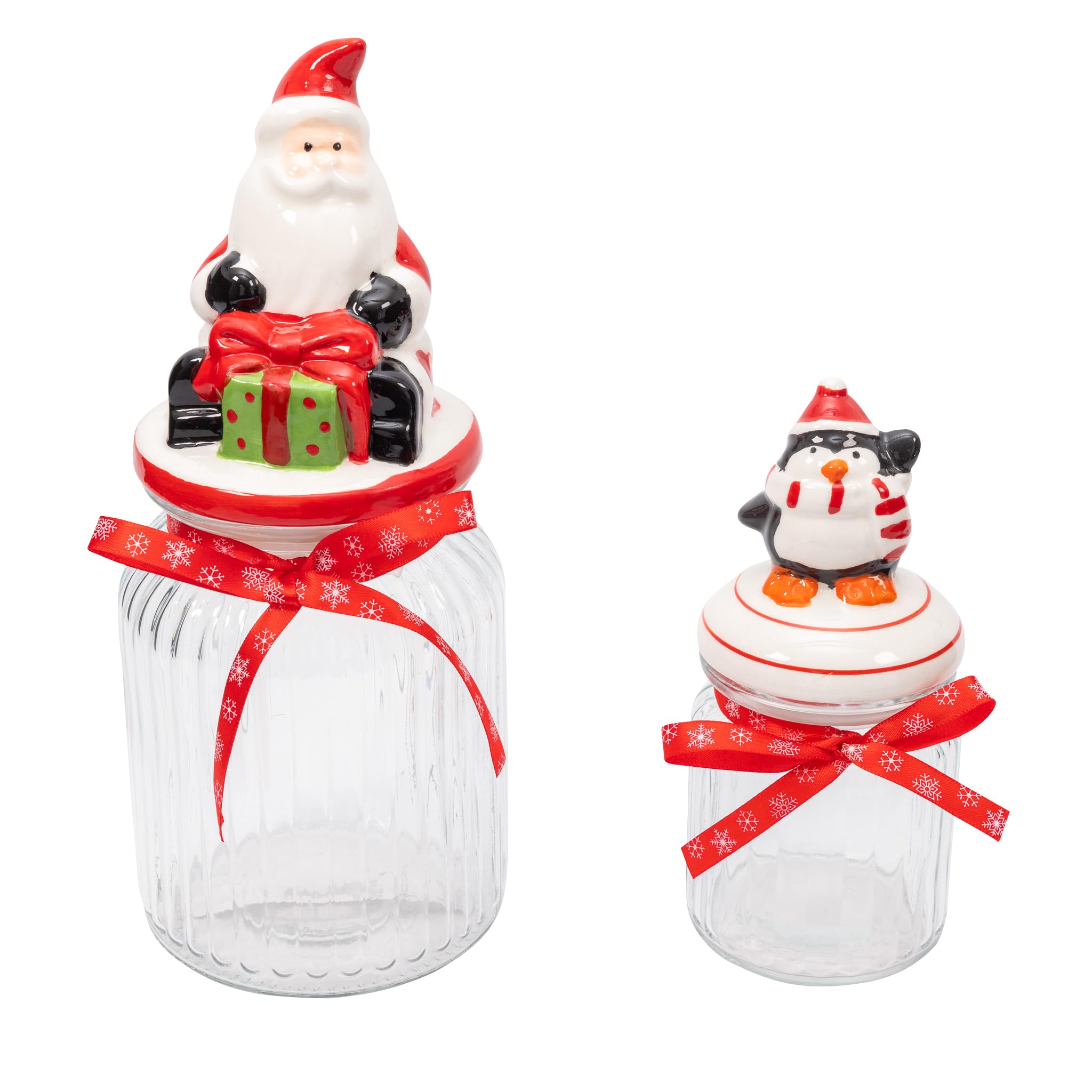evelay Christmas Cookie Jar Glass with Ceramic Novelty Lid for Christmas Sweets Chocolates Candies Biscuits Nuts Containers Kitchen Décor (Set of 2)