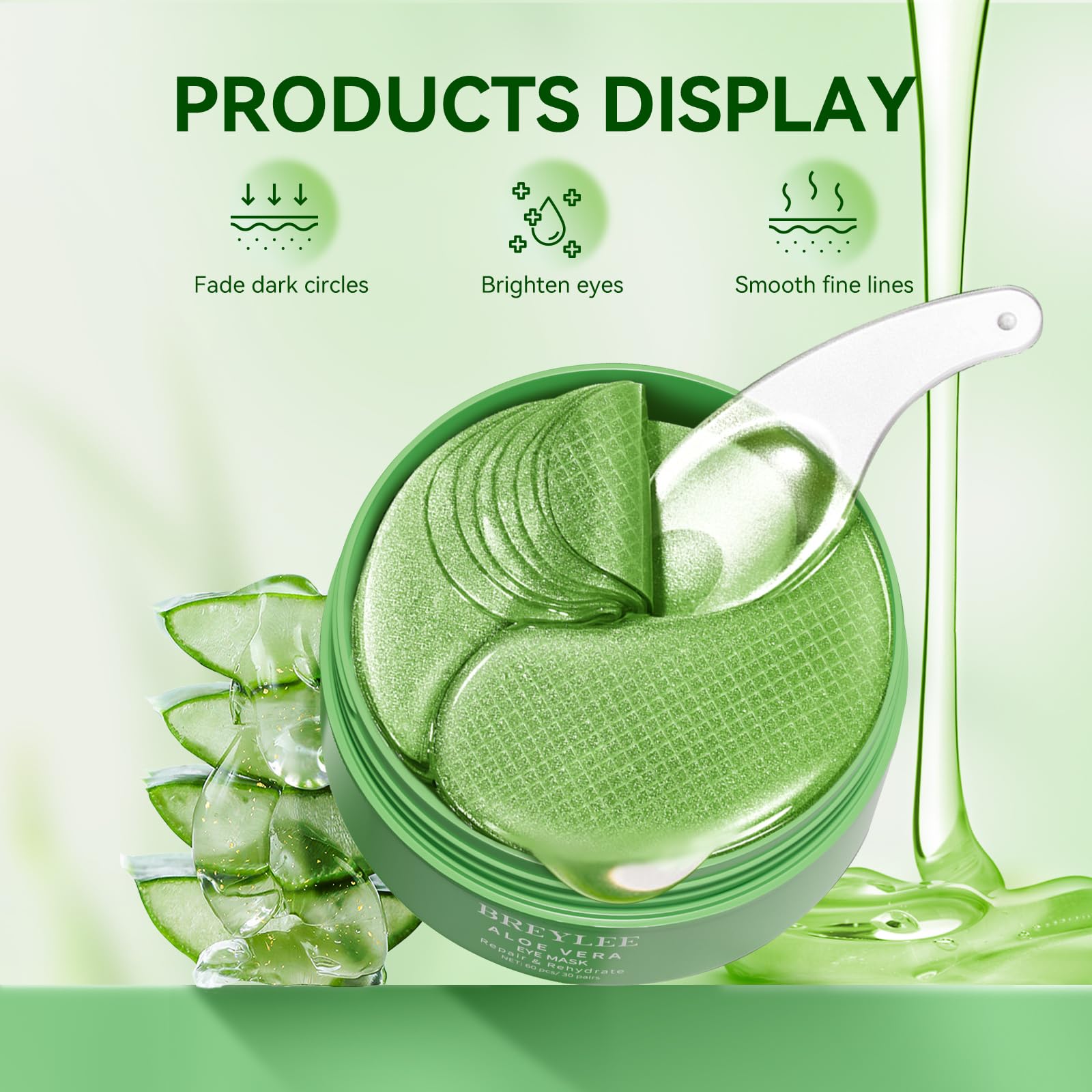 BREYLEE Aloe Vera Eye Masks - 60 Pcs - Reduce Puffy Eyes & Dark Circles, Firm & Improve Under Eye Skin, Pure Natural Extracts for Youthful Appearance & Reduction of Fine Lines and Wrinkles.
