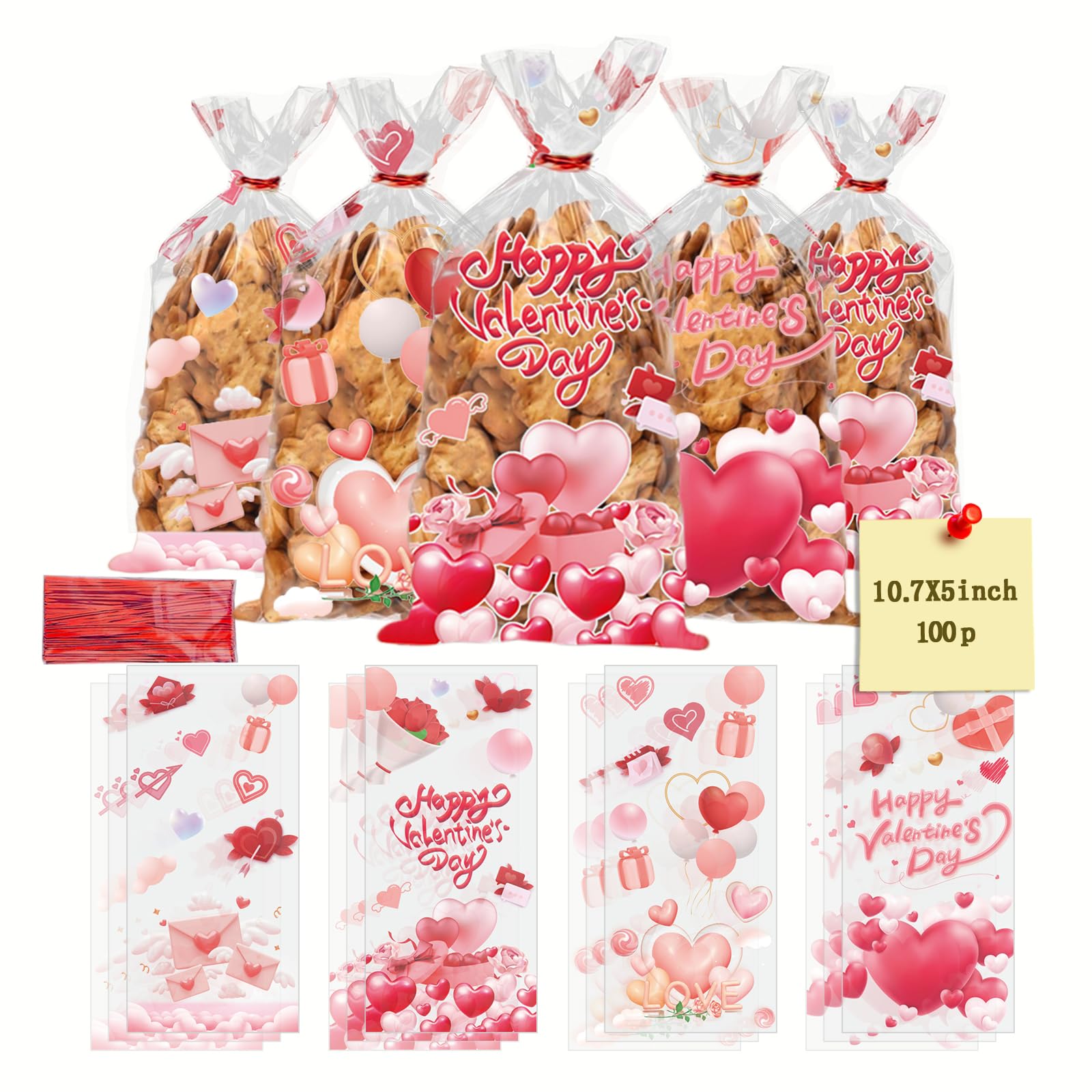 Photo 1 of 100 Pcs Valentine's Day Cellophane Treat Bags, Clear Valentines Candy Goodie Bags Bulk with Twist Ties, Galentines Day Gift Bags for Wrapping Bakery,Birthday, Wedding,Party