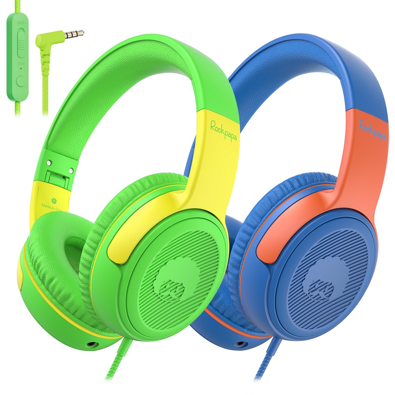 Rockpapa Share1 Kids Headphones Wired with Microphone, 85/94dB Volume Limited, Sharing Function, Foldable, Adjustable, Childrens Headphones Over Ear for School/Travel/Phone, Green Yellow + Blue Orange