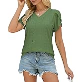 Quatrefox Womens T Shirts Trendy 2025 Eyelet V Neck Tops Loose Short Sleeve Shirts Casual Summer Beach Vacation Clothes