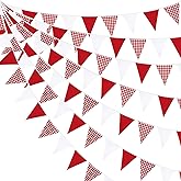 32Ft Red Party Decorations Red White Plaid Checkered Pennant Banner Triangle Flag Bunting Fabric Garland for Christmas Weddin