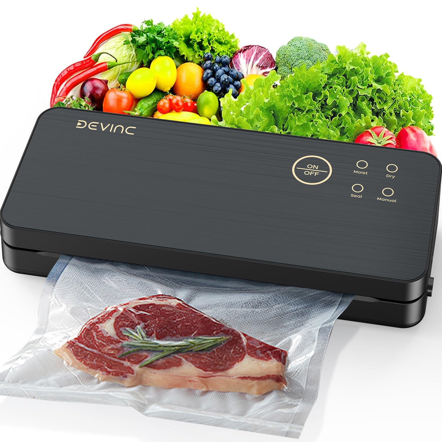 Photo 1 of DEVINC Vacuum Sealer Machine, Compact Food Sealer with 10 Vaccum Bags & 1 Bag Roll, Multi-functional Food Vacuum Sealer for Food Storage, Dry & Moist Food Modes with Built-in Cutter, Black