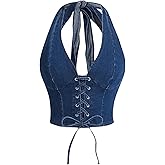 MakeMeChic Women's Denim Corset Top Halter Backless Shirred Y2K Crop Tops
