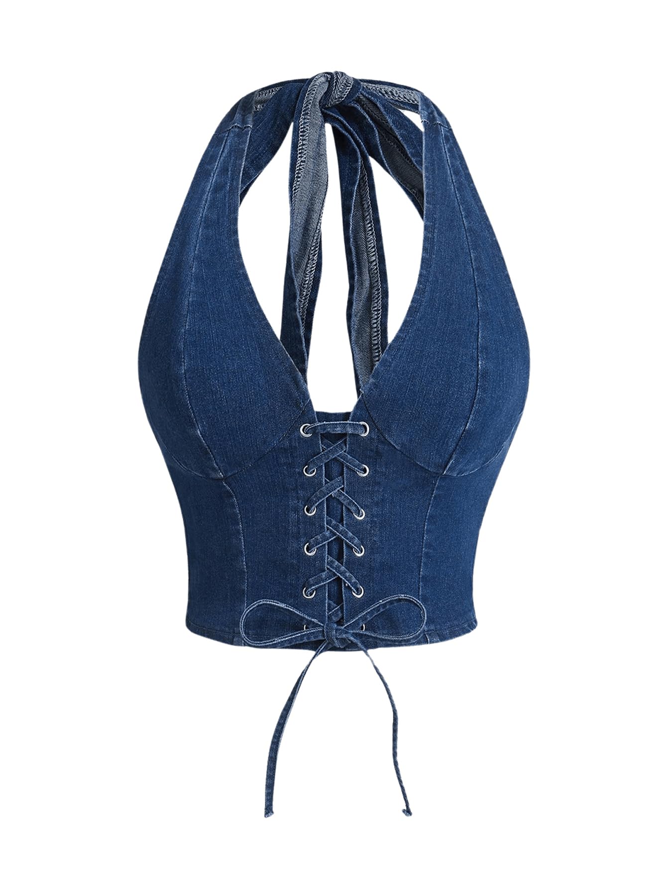 Photo 1 of WDIRARA Women's Lace Up Front Denim Halter Tops Deep V Neck Tie Back Smocked Sleeveless Crop Top Dark Wash Medium