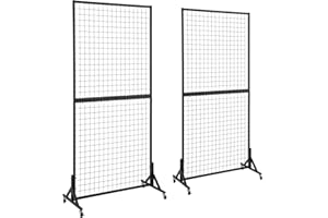 OUDUCK 2 Packs 3' x 6' Grid Wall Panels Standing Wire Grid, Study Display Rack with T-Base Wheels Freestanding Gridwall Panel Tower for Shows, Black