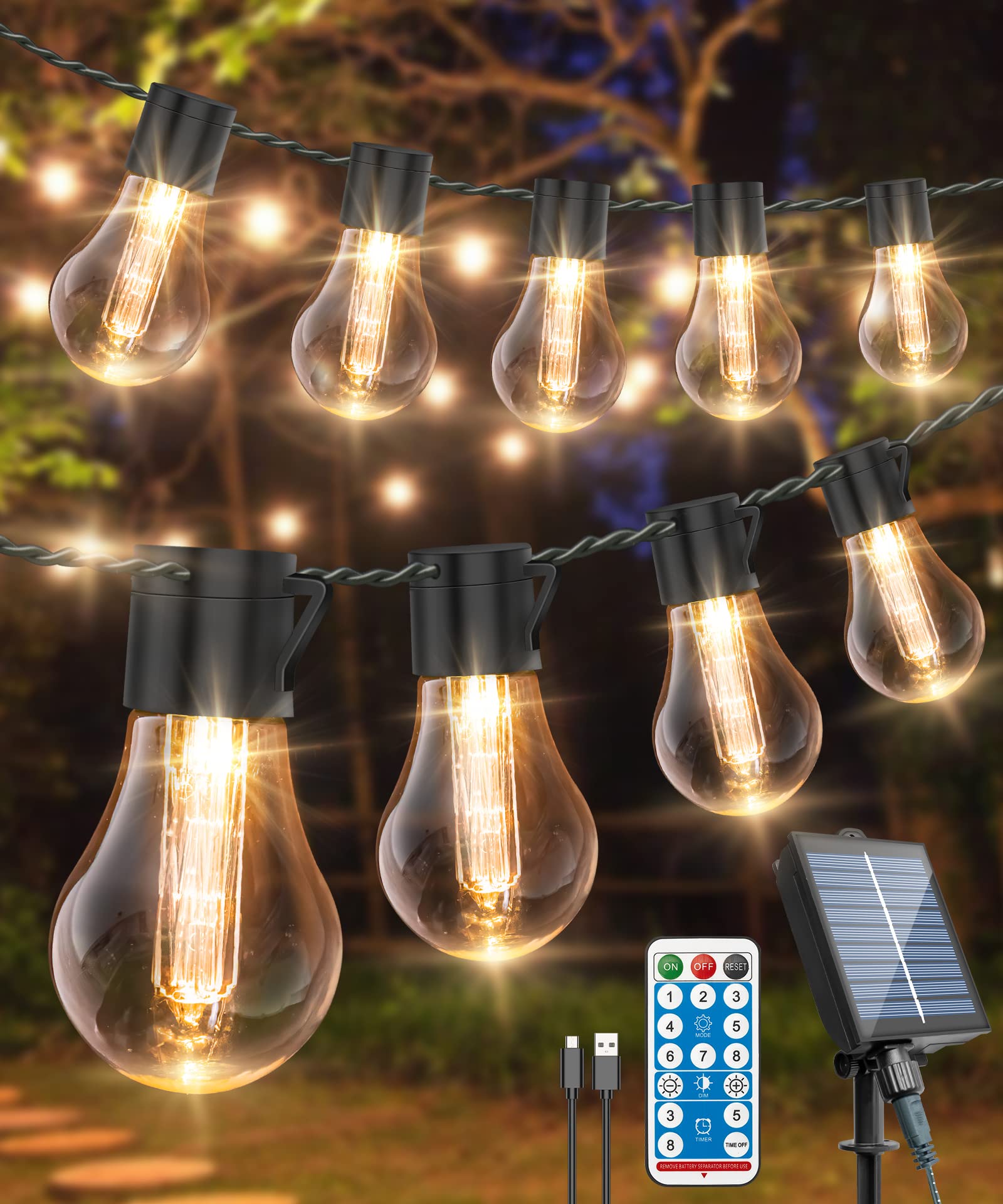 ULIGHTOWN Solar Festoon Lights Outdoor, 14M/46FT USB&Solar String Outdoor with Remote, IP65 Waterproof Garden 30LED Shatterproof Bulbs for Gazebo Patio Party Wedding Decor, Gold