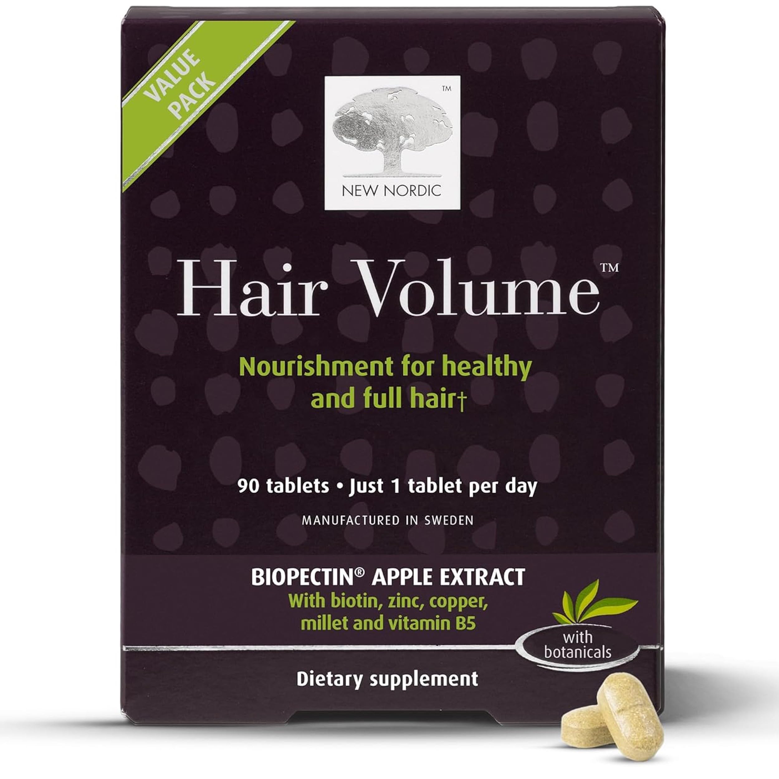 New Nordic Hair Volume 90 Tablets - Clinically Proven Growth Vitamins - Biotin, Zinc & Apple - for Women & Men