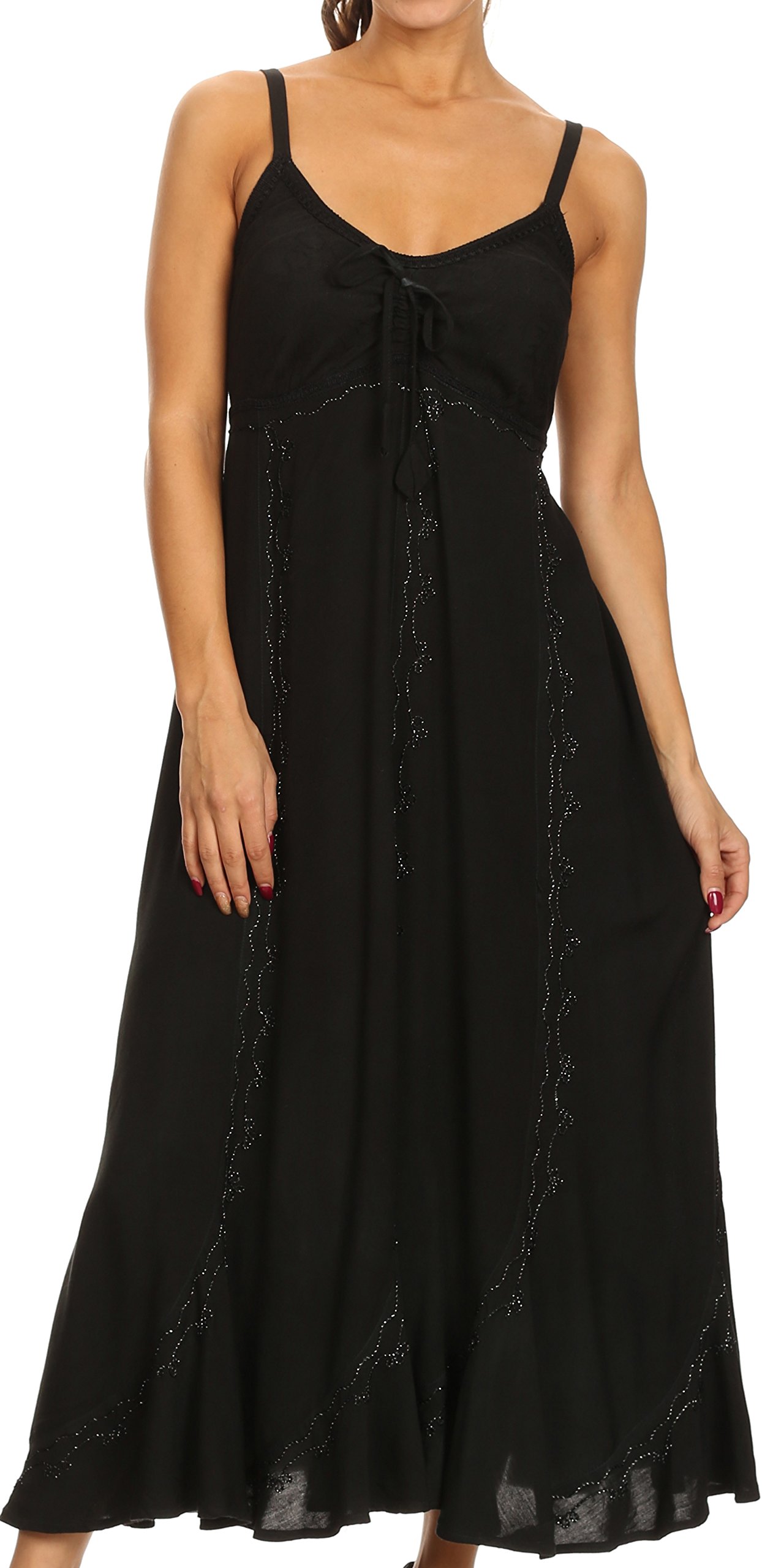Photo 1 of Sakkas 152105 - Allie Stonewashed Embroidered Adjustable Spaghetti Straps Long Dress - Black - 1X/2X
