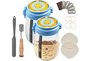 JAOBHAHY Sourdough Starter Jar Kits, 35 OZ Sourdough Starter Jars with Lids,Reusable Sourdough Starter Crock with Thermometer, Silicone Scraper, Cloth Cover and Bread Lame(2-Pack)