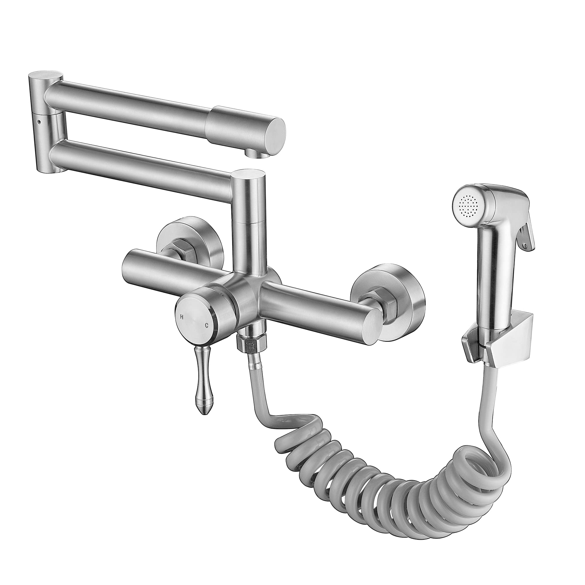 Photo 1 of MISSING SMALL HARDWARE AND PCS**  FLWUEUE Kitchen Faucet Wall Mount with Side Sprayer 8 Inch Center, Folding Design for Commercial Use, Stainless Steel Bar Tap, Lead-Free