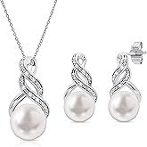 Real Diamond Sterling Silver Pearl Necklace and Earring Set | Hypoallergenic Real Cultured Freshwater Pearl Jewelry Set with 18 Inch Silver Chain | Diamond Bridal Bridesmaid Set for Women with Gift Box by MAX + STONE