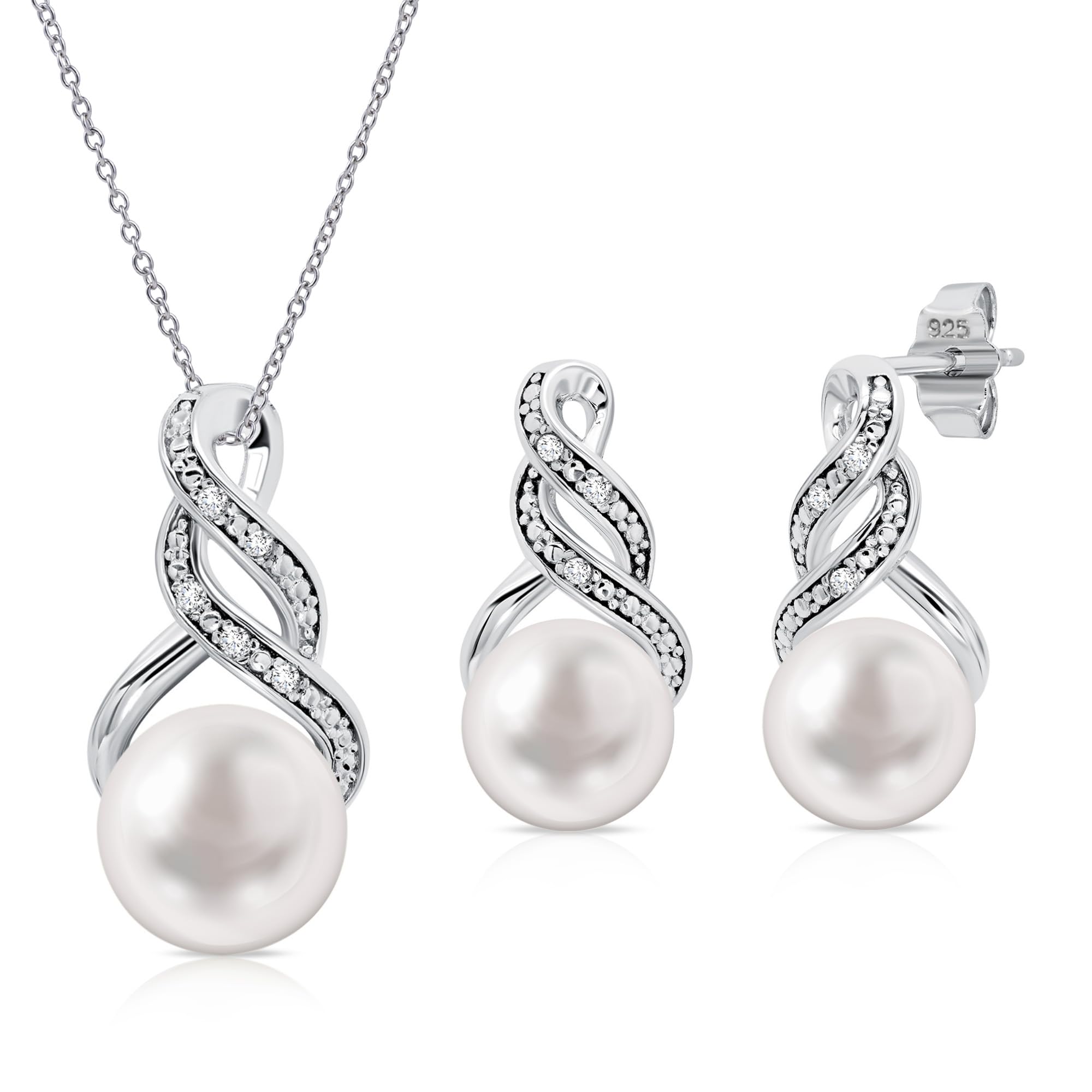 Sterling Silver Cultured Freshwater Pearl and Diamond Accent Pendant Necklace and Drop Earring Jewelry Set