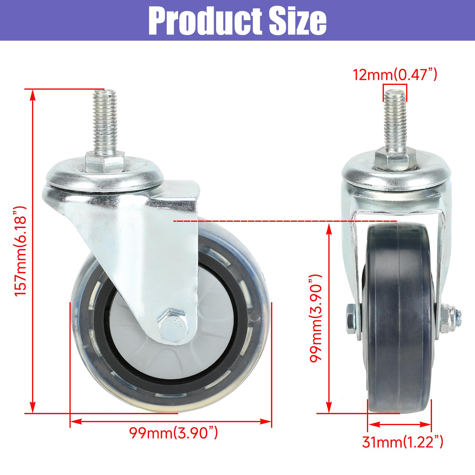 Front 4'' Quiet Rubber Wheel Replacement for Hoverboard Seat Attachment Hoverboard Go Kart Attachment Straps with Metal Mounting Plate Kit for Hover board Go Kart Accessories Parts Single Bolt