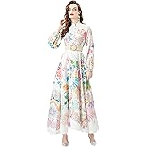 LAI MENG FIVE CATS Women's Floral Print Puff Sleeve Button Up Split Party Flowy Maxi Dress