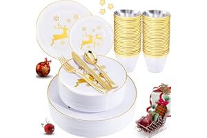 I00000 150PCS Gold Christmas Plastic Plates Disposable Christmas Party Plates Holiday Plates Christmas Plates Dinnerware Include 25 Dinner Plates 25 Dessert Plates 25 Forks 25 Knives 25 Spoons 25 Cups