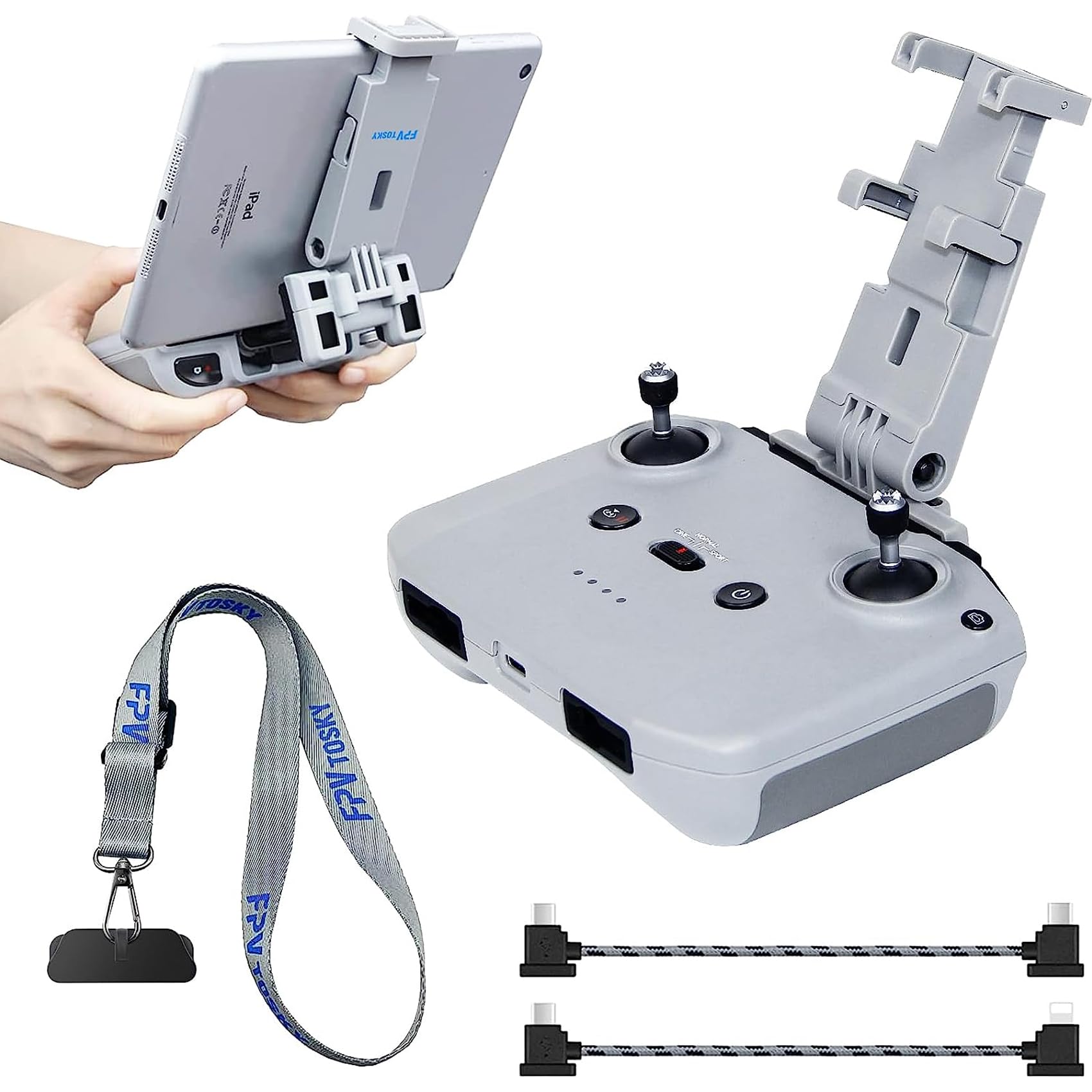 FPVtosky No Disassembly Tablet Holder for DJI Flip/Neo/Mini 2 SE/4K/ Air 3S/Mavic 3/Mini 3 Pro, 7-12 Inch Foldable iPad Mount Holder Pack of Lanyard and 2 Data Cables, DJI RC-N1/N2/N3 Accessories