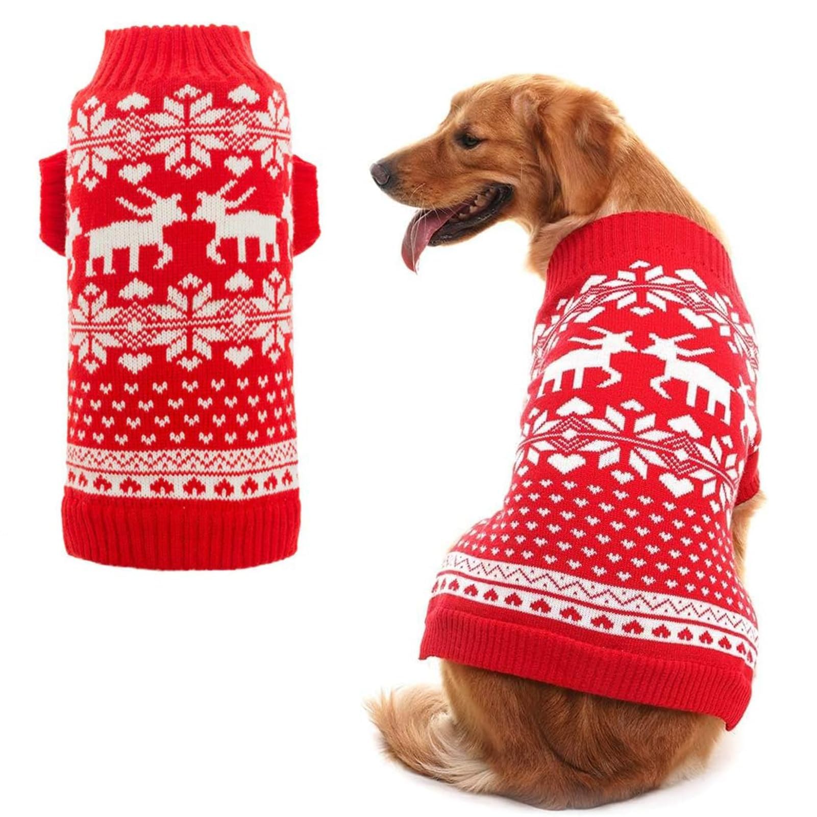 Classic Dog Jumpers Red Pet Sweater with Cute Reindeer for Puppy Large