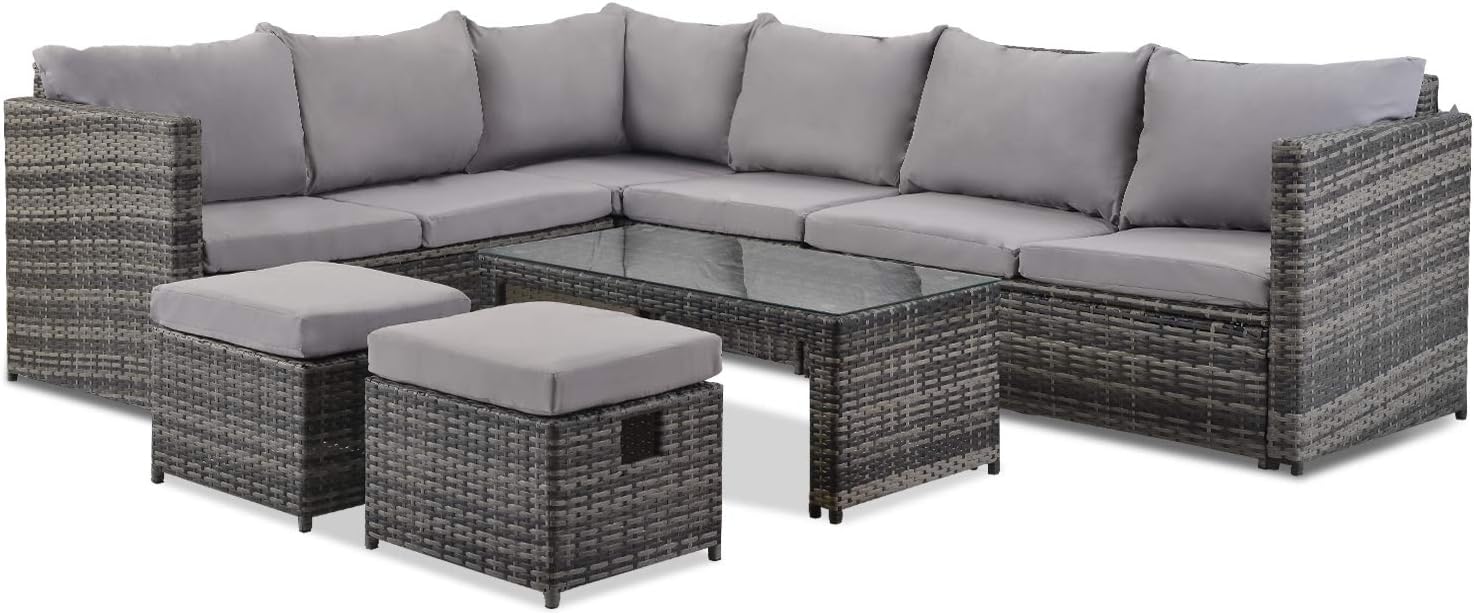 Rattan Garden Furniture Garden Set 8 Corner Sofa Seater Outdoor Furniture With Coffee Table 2 Stools (Grey) (grey-1)