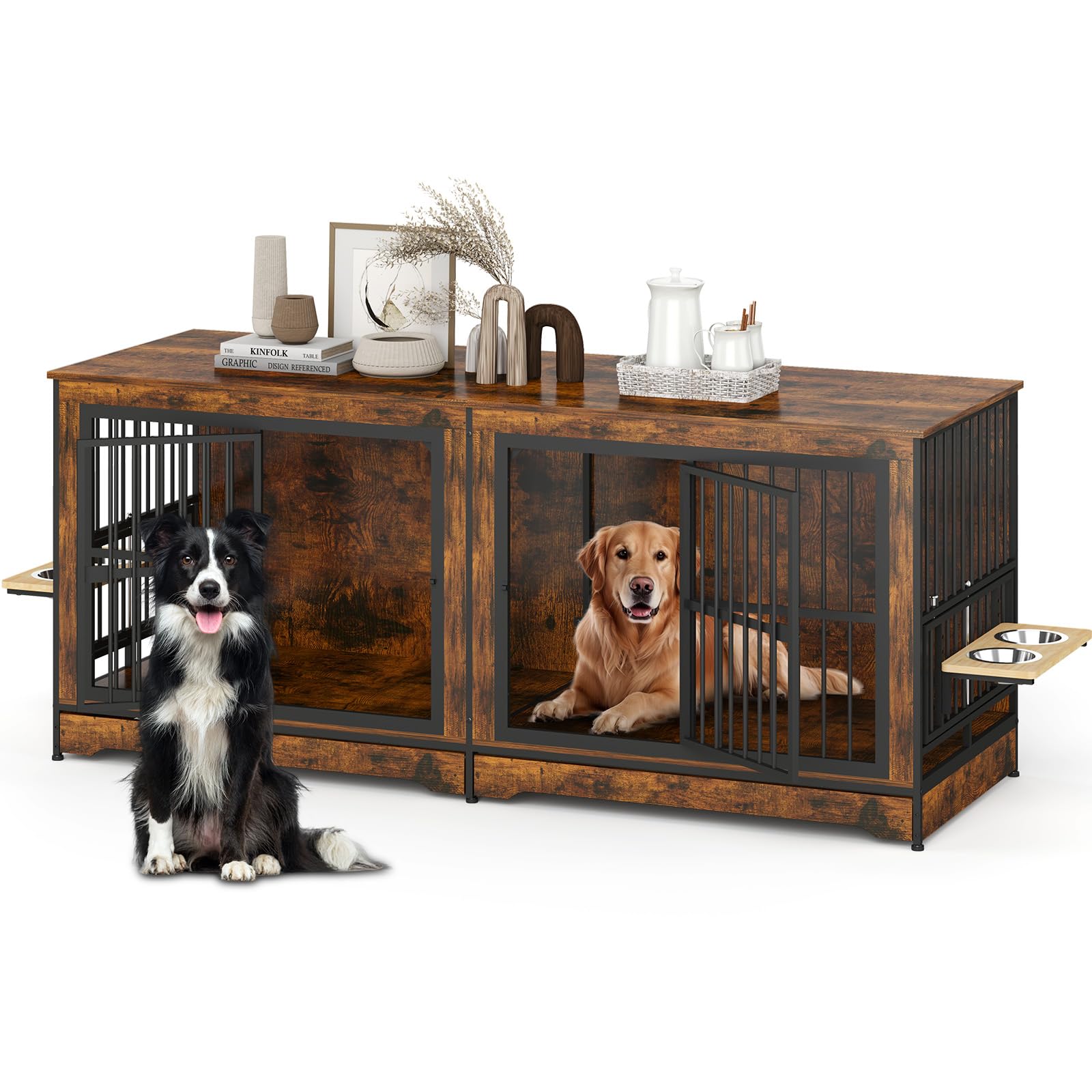 Photo 1 of ***Stock photo is a similar item*** 78 Inch Dog Crate Furniture, Double Dog Kennel Indoor, Brown Large Dog Wooden Crate with Divider for 2 Dogs