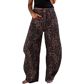 EXLURA Women Stretchy Barrel Jeans Y2K Baggy Elastic Waist Leopard Pants | 4 Pockets, Mid-Low Rise, Cheetah Print Pants, Casual Denim Jeans, Animal Print, Boyfriend Jeans, Cowgirl, Streetwear, Concert