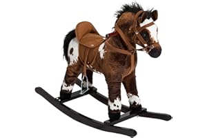 Qaba Kids Wooden Plush Ride-On Rocking Horse Chair Toy with Realistic Sounds Dark Brown/White
