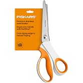 Fiskars 9.5" SoftGrip Pinking Shears for Fabric Cutting w/ Ergonomic Handle | Zig Zag Scissor Blades Prevent Fraying, Cut Decorative Edges for Sewing &amp; Quilting, Stainless Steel Blades, Orange/White