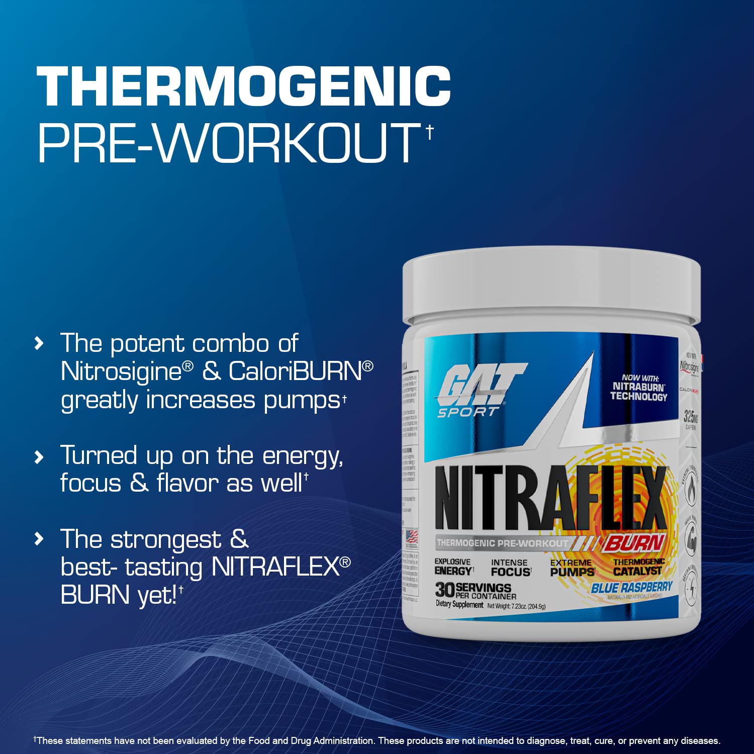 GAT SPORT NITRAFLEX Burn, Pre Workout Thermogenic Powder, Tropic Thunderburst, 30 Servings