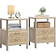 Nightstands Set of 2 - Rattan Night Stand Bedside Table with 2 Rattan Drawers, Open Storage Shelf, Farmhouse Wood Bed Side Tables End Table for Bedroom Living Room, Natural