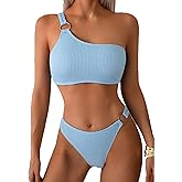 Fanuerg Women's Ribbed Bikini Sets One Shoulder Top Two Piece Swimsuits Textured Adjustable Strap Cheeky Bathing Suit