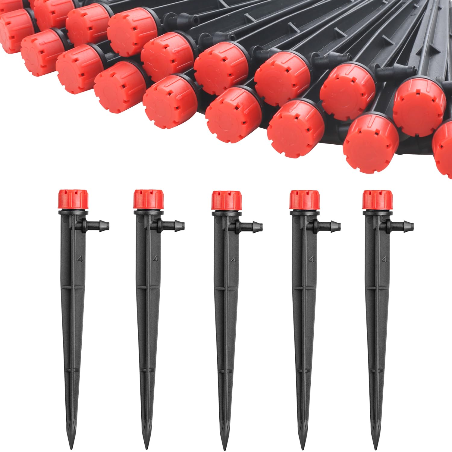 La Farah 50pcs Drip Emitters for 1/4" Drip Irrigation Tubing, Adjustable 360 Degree Water Flow Drippers on 5" Arrow Stake, Garden Irrigation Drippers for (4-7mm) Watering System
