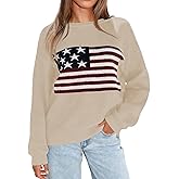 BONITEE Women American Flag Sweater Long Sleeve Crewneck Graphic USA Sweatshirt Loose Fit Knit Pullover