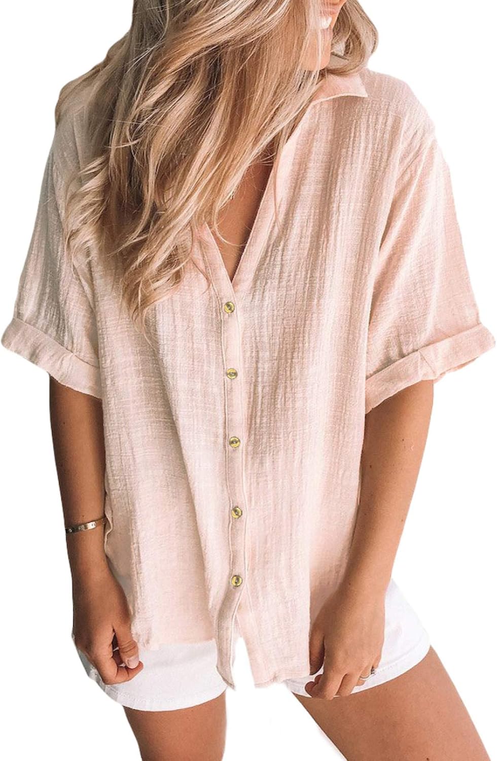 FOBEXISS Women's Linen Shirts Button Down Blouse Summer Loose V Neck