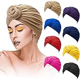 SATINIOR 8 Pcs Turbans for Women African Pre Tied Knot Headwrap Sport Headwrap Cancer Turban Cap Chemo Hair Loss Wrap(Fresh Color)