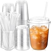 Ziliny 50 Pcs 16oz Clear Plastic Cups with Lids and Straws, Disposable Iced Coffee Drink Cups, Plastic Cup for Iced Coffee, Wine, Cocktail, Smoothie, Milkshake, Cold Beverage Party Catering Supplies