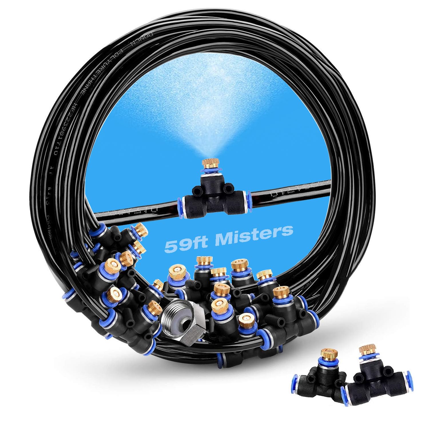 H&G lifestyles Misting System for Patio Miter Misting Line 20 Brass Mist Nozzles Brass Adapter for Patio Garden Umbrellas Greenhouse Trampoline 18M