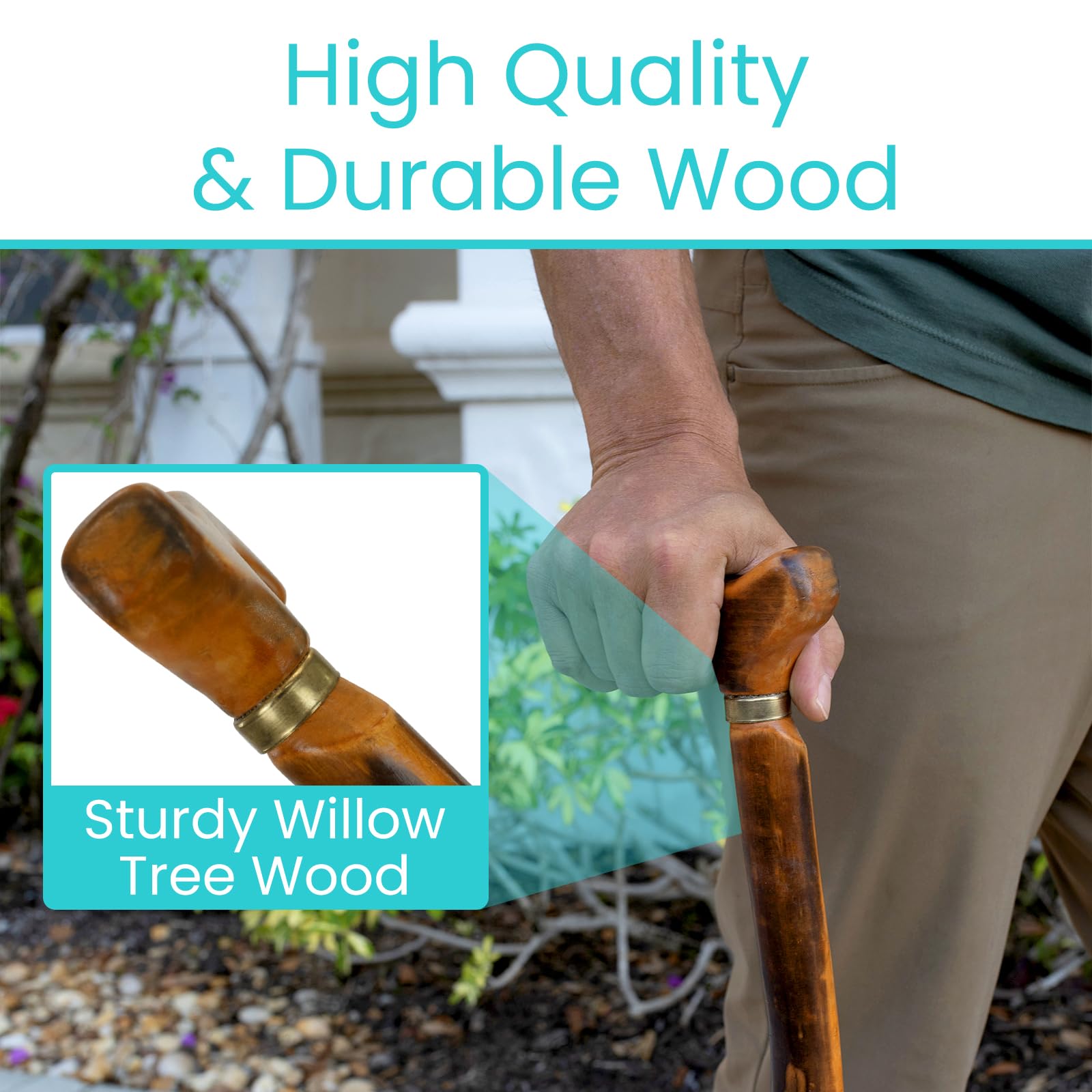 Vive Wooden Walking Stick Cane - for Men, Women, & Seniors - 36 Inch Single Point Rubber Tip with Willow Handle - Ergonomic Grip for Balance & Stability - Lightweight Elderly Assistance Product