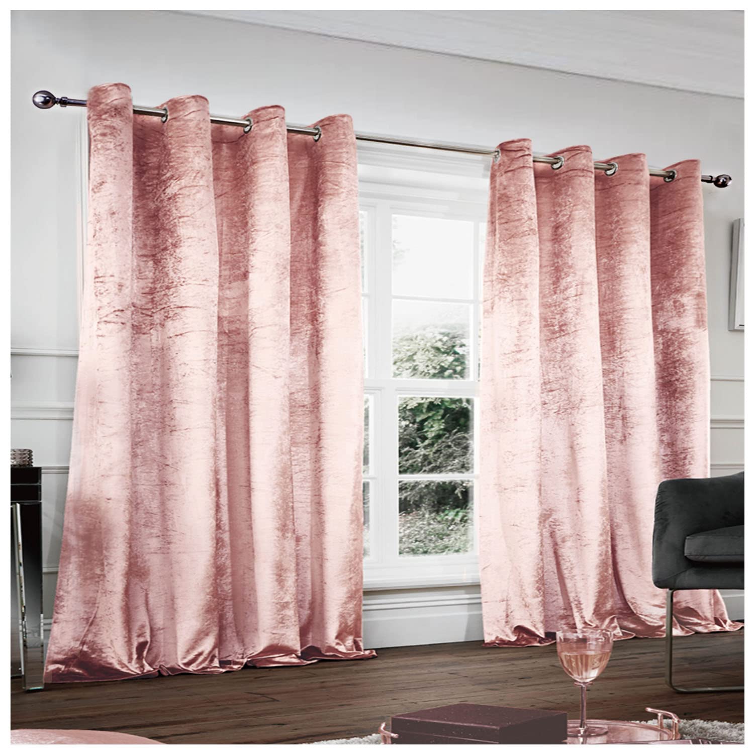 GC GAVENO CAVAILIA Crushed Velvet Eyelet Curtains Ring Top Drapery Tie Backs, Easy Care Glamorous Panels, Blush Pink, 66X72 Inch