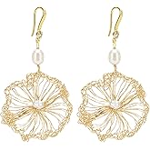 ELEXIS 18k Gold Big Flower Pearl Drop Earrings For Women Handmade Trendy Comfy Freshwater Pearls Aesthetic Life Tree Dangle Earrings Hypoallergenic Engaged Wedding Bridesmaid Hanging Jewelry