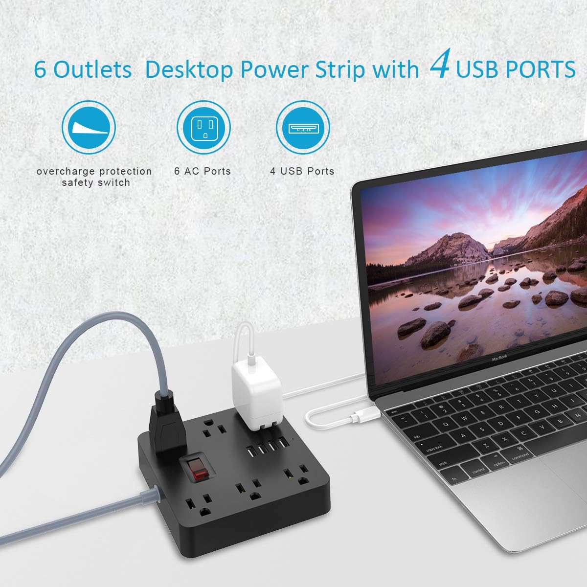 Power Strip, AHRISE Extension Cord with 6 AC Outlets and 4 USB Charging Ports(5V/4.8A,24W) for Smartphone Tablets Home, Office, Hotel, Cruise Ship, 5 Feet Long Cord, ETL Listed -Black: Home Audio & Theater