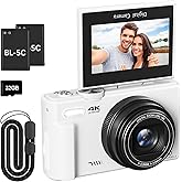 4K Digital Camera for Photography, 64MP Vlogging Camera for YouTube with 3" 180° Flip Screen, 18X Digital Zoom Point and Shoot Camara with 32GB Micro SD Card for Beginner (White)