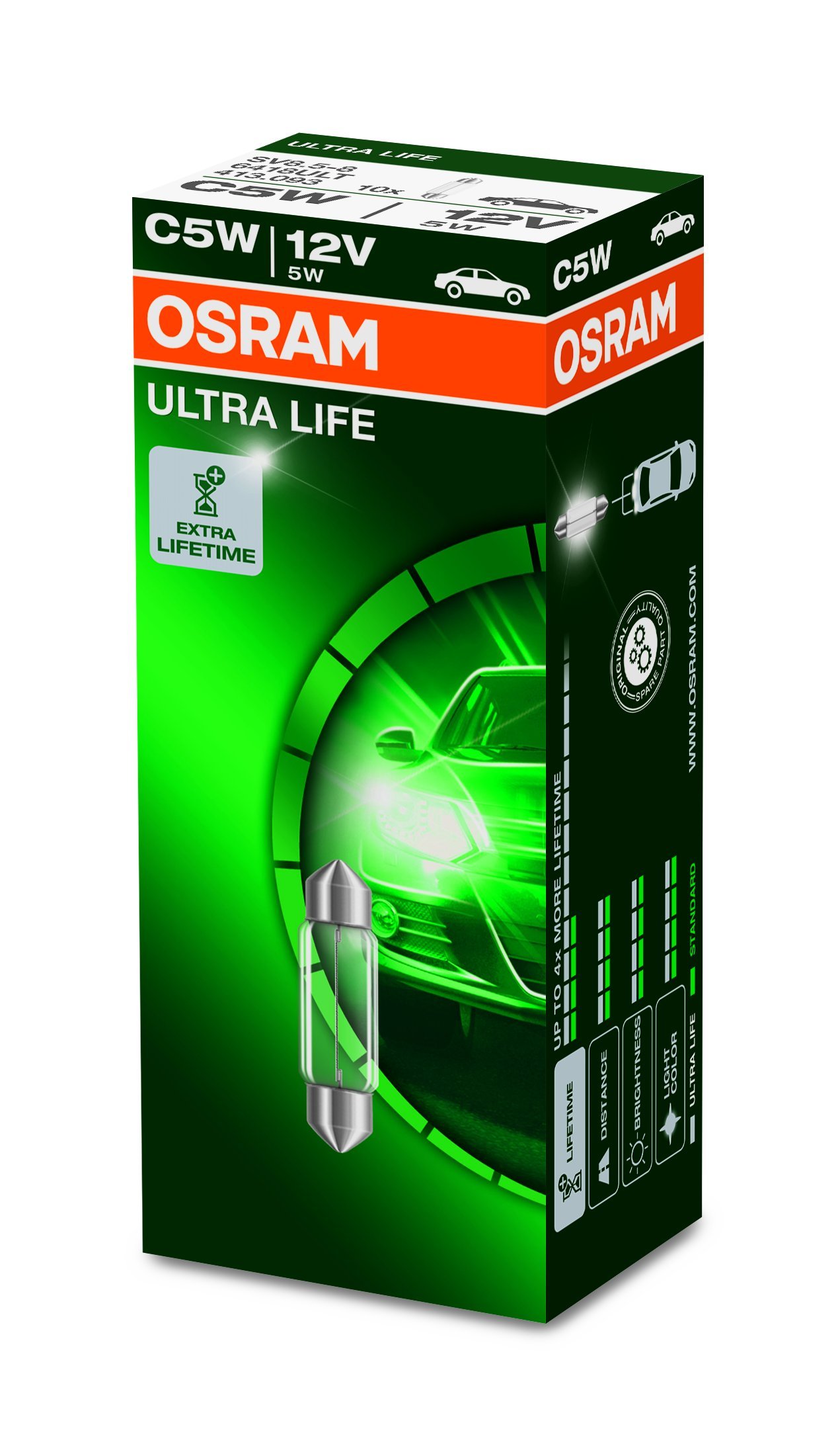 OSRAM ULTRA LIFE C5W halogen, interior lighting, 6418ULT, 12 V passenger car, folding carton box (10 units)