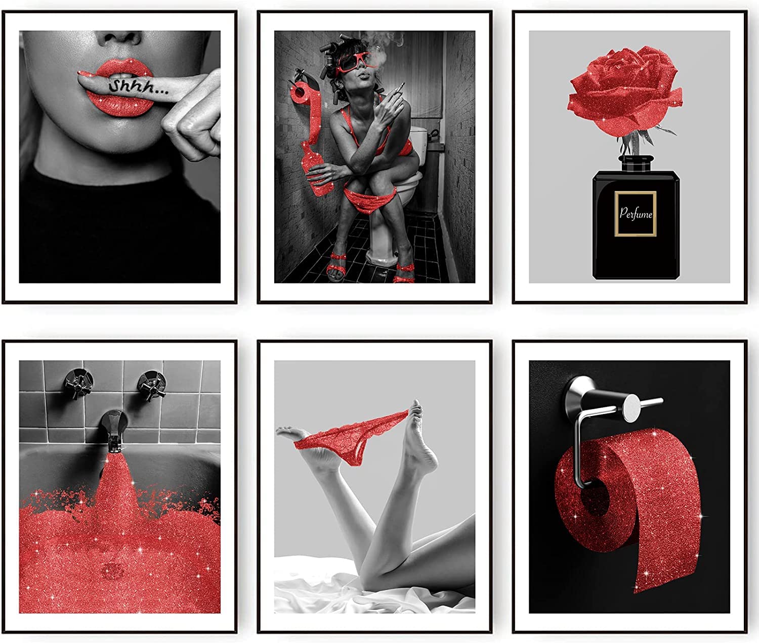 MKHFUW Bathroom Poster of Modern Women, Fashionable Bathroom Wall Decoration, 6-Piece Set, Bathroom Art, Frameless (Red, 20 x 25 cm x 6)